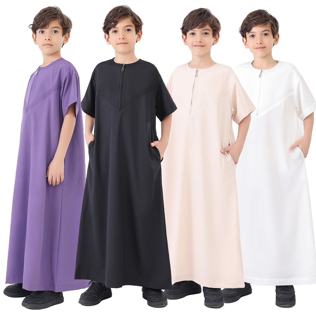 Roupões muçulmanos para meninos, roupões islâmicos do oriente médio, arábia saudita, cor sólida, manga comprida, bolsos, costura, phnom penh, gola redonda