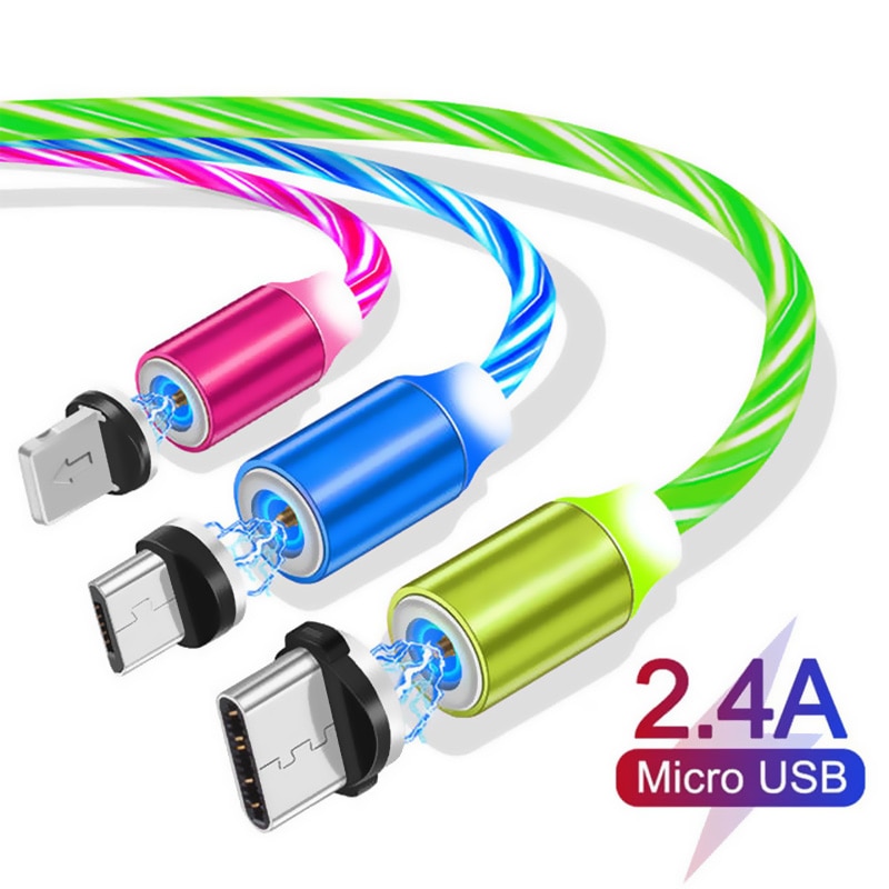 Jusfyu vloeiende licht led magnetische kabel micro usb type c kabel snel opladen datakabel voor iphone samsung usb-c oplaadkabels
