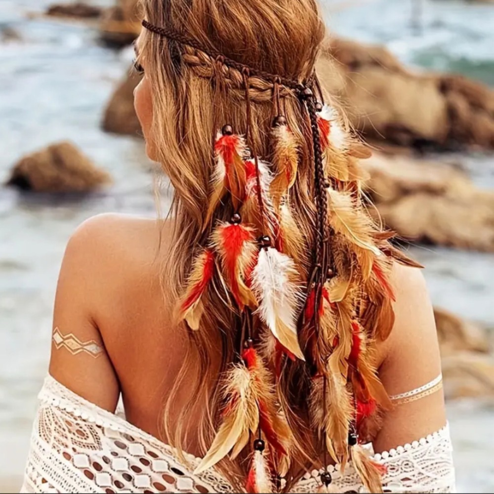 Tassel Feather Headband Adjustable Beaded Boho Style Headdress Ethnic Costume Rainbow Indian Headband Carnival: Lavender
