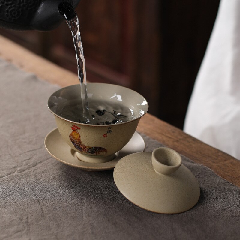 Stentøj te skål med dækning kinesisk gaiwan hjem retro hane te maker groft keramik te sæt keramisk tekop og underkop sæt