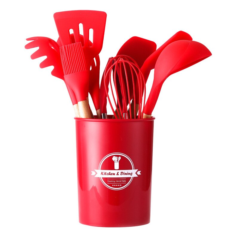 11Pcs Siliconen Koken Tools Keukengerei Houten Handvat Kookgerei Set Accessoires Non-stick Spatel Eiklopper: Red