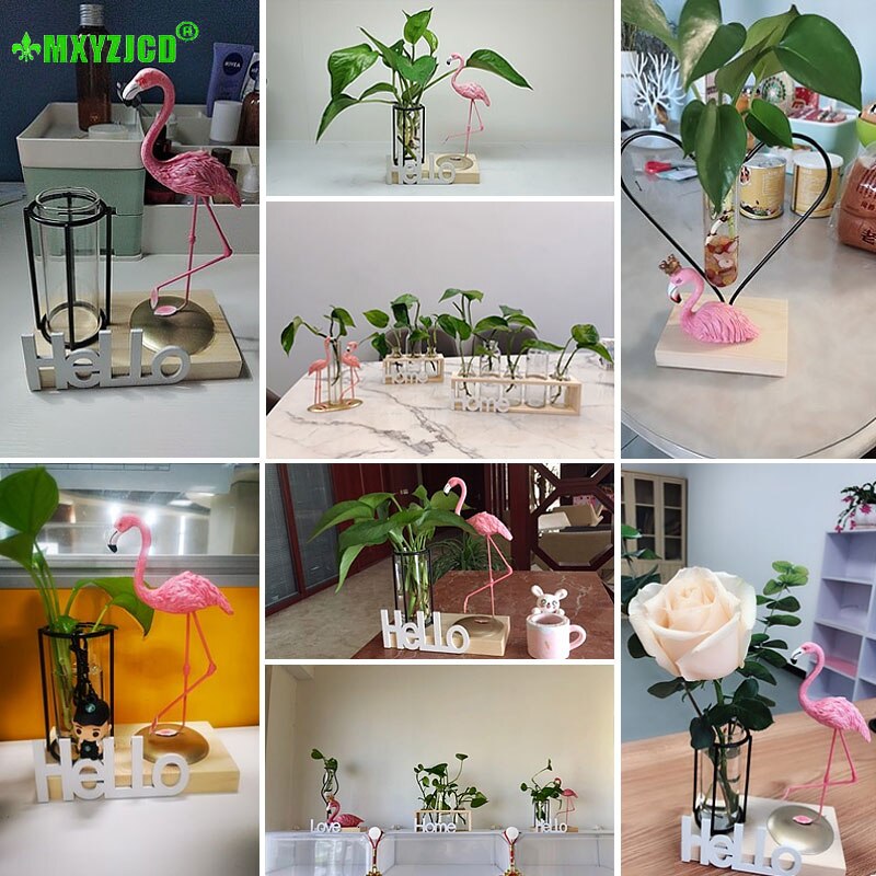 Glas hydroponisk växtvas hem vardagsrum transparent blomsterarrangemang behållare kontor skrivbord harts flamingo dekoration