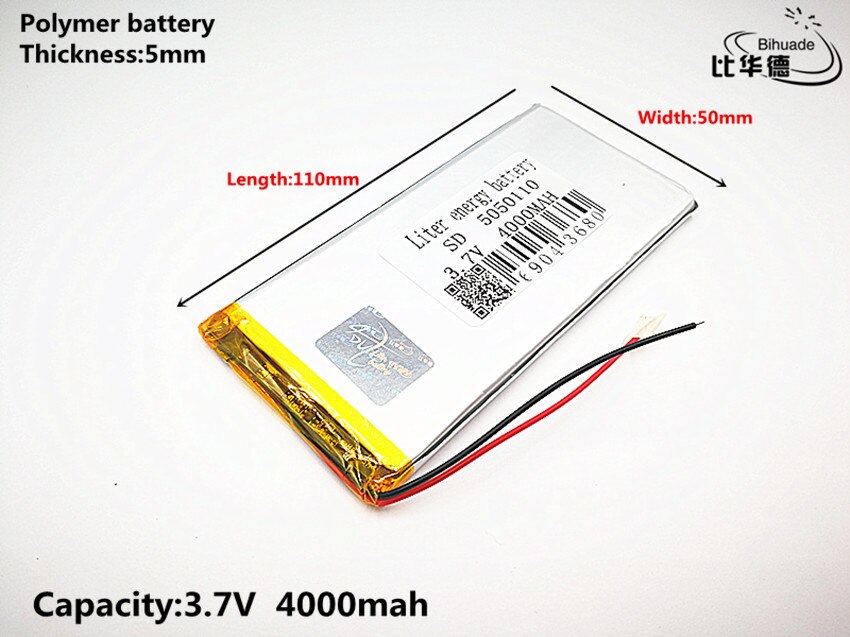 2pcs Liter energy battery Good Qulity 3.7V,4000mAH 5050110 Polymer lithium ion / Li-ion battery for tablet pc BANK,GPS,mp3,mp4