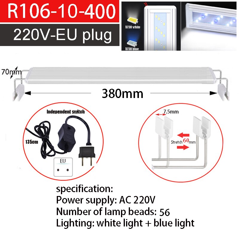 Aquarium Water Aquarium 20-60Cm Water Tank Led Verlichting, wit En Blauw Licht Ultra-Dunne Telescopische Vis Tank Beugel Lichten: R106-400-110vEU plug