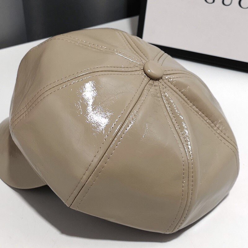 Eleganckie czapki dla kobiet jasny sztuczny skórzany rondo ośmiokątny kapelusz dorywczo beret jesień czapka zimowa brytyjskie kapelusze retro dama koreańnarty