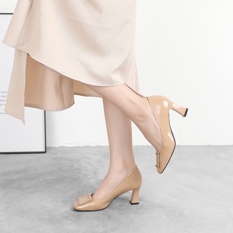 Vrouwen Pompen Zwart Beige Hoge Hakken Dame Lakleer Dik Met Herfst Wees Enkele Schoenen Vrouwelijke Werkschoenen