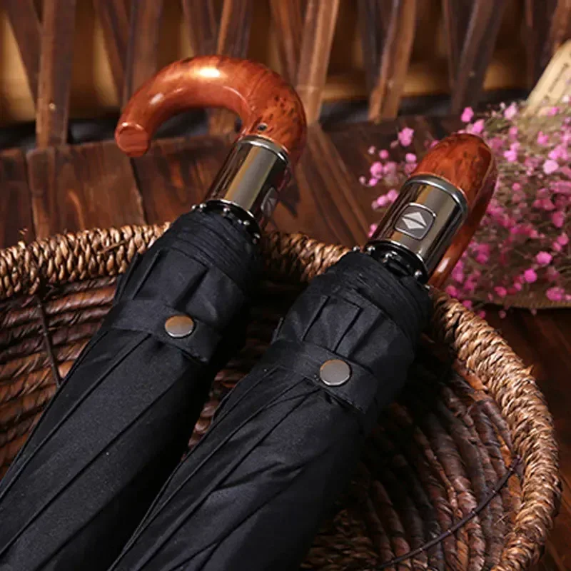 British Leather Handle Umbrella Men Automatic Business 10Ribs Strong Windproof 3 Folding Big Umbrella Rain Woman Parasol: green