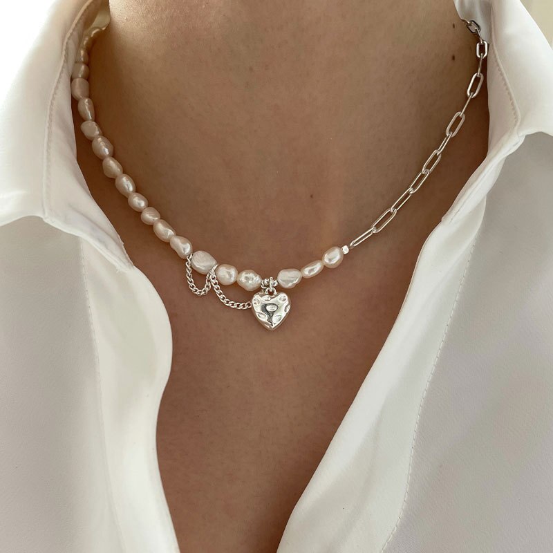 FOXANRY 925 collana con timbro per donna Trendy elegante asimmetria catena perle Smooth LOVE Heart sposa gioielli amante regali: Default Title
