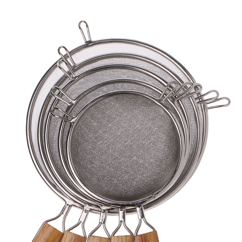 Stainless Steel Double Mesh Strainer Colander Sieve Sifter Wooden Handle 5 Size
