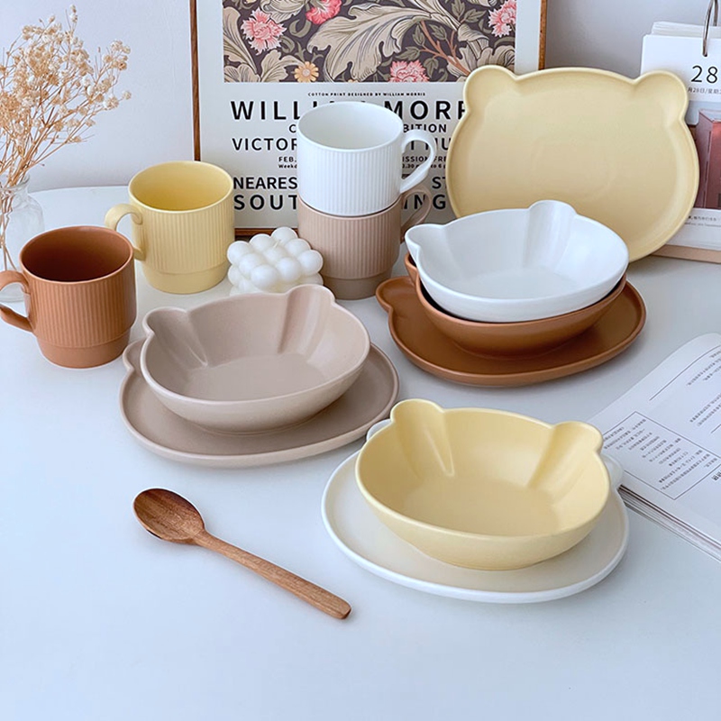 Kawaii Bear Bowl Korean Style Cute Ceramic Bowl and Plate Children and Girls Dessert Bowl Breakfast Plate: White