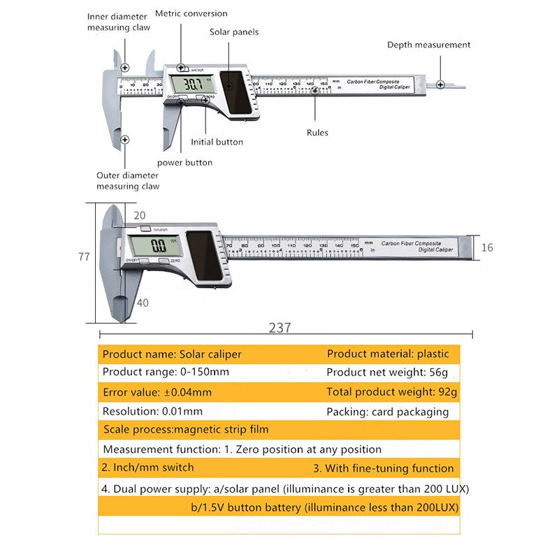 LCD Digital Solar Caliper Digital Vernier Caliper Power By Solar Energy Micrometer Measuring Tools Height Measuring Instruments