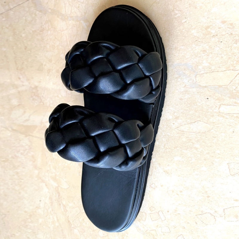 Zapatillas de mujer con doble correa trenzada zapatos deslizantes planos negros