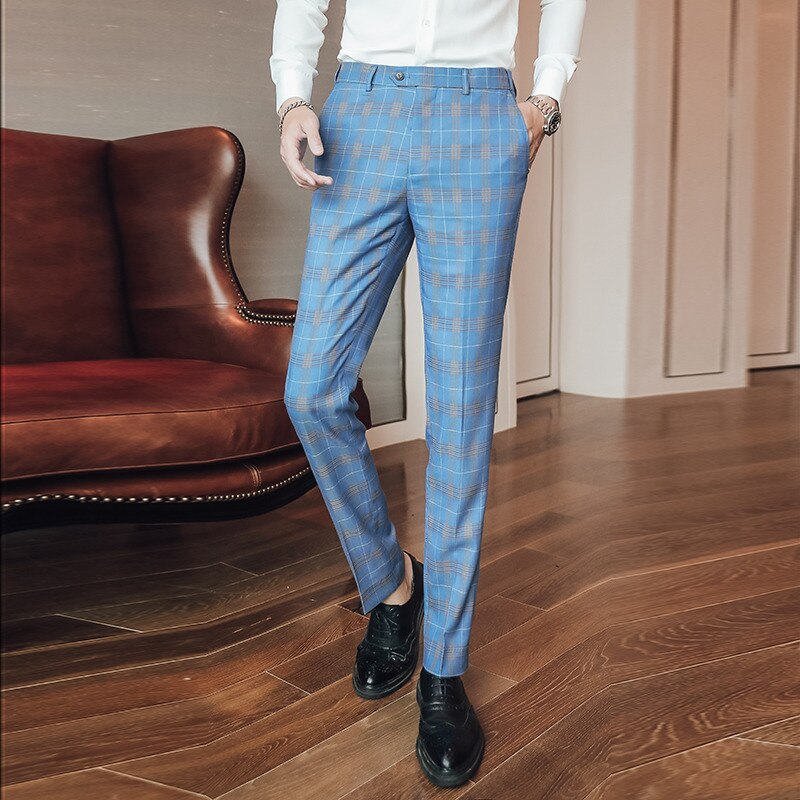 Brand Lake Blue Dress Pants Men Spring Autumn Formal Pants For Men Mens Plaid Pants Slim Fit Office Trousers P16: 29