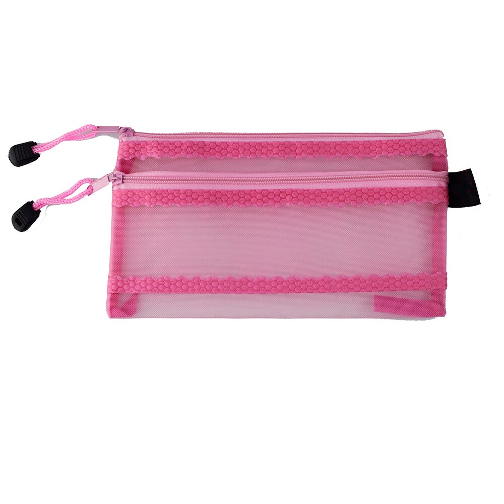 A6 Double Zipper Mesh Pouch Pencil Pen Document Bag Storage Pouch Travel Stationery Holder Office Supplies Travel Accessories: Pink