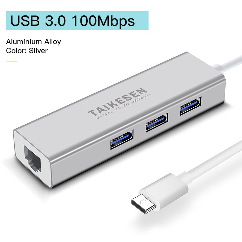 Usb c etherne  rj45 lan adapter usb type c naar usb 3.0 hub 100/1000 netwerkkaart voor macbook pro samsung  s9/s8/ note 9 usb etherne: Usb 3.0 100m zilver