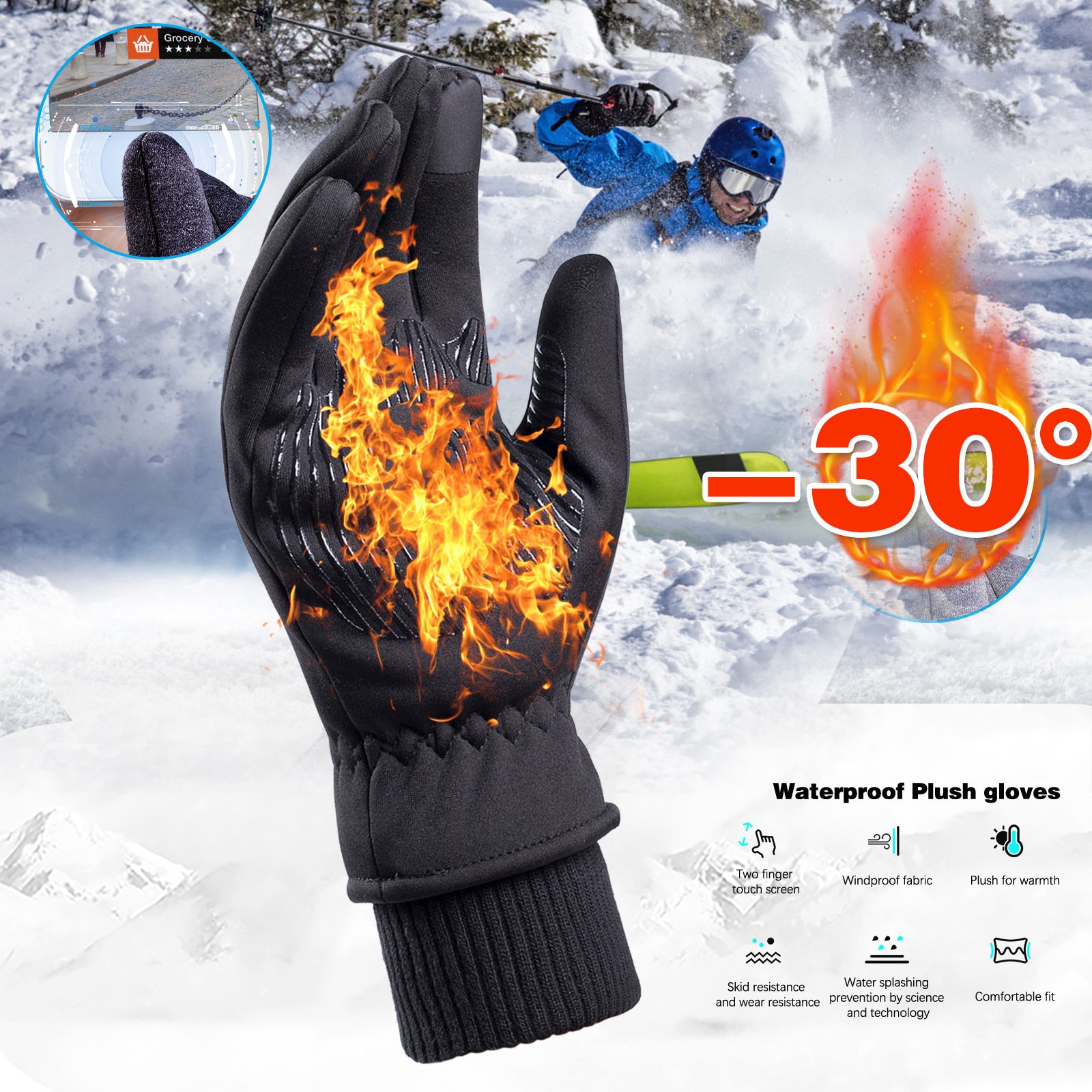 Koude-Proof Ski Handschoenen Waterdicht Winter Handschoenen Fietsen Pluis Warme Handschoenen Voor Touchscreen Koud Weer Winddicht Voor Mannen Vrouwen
