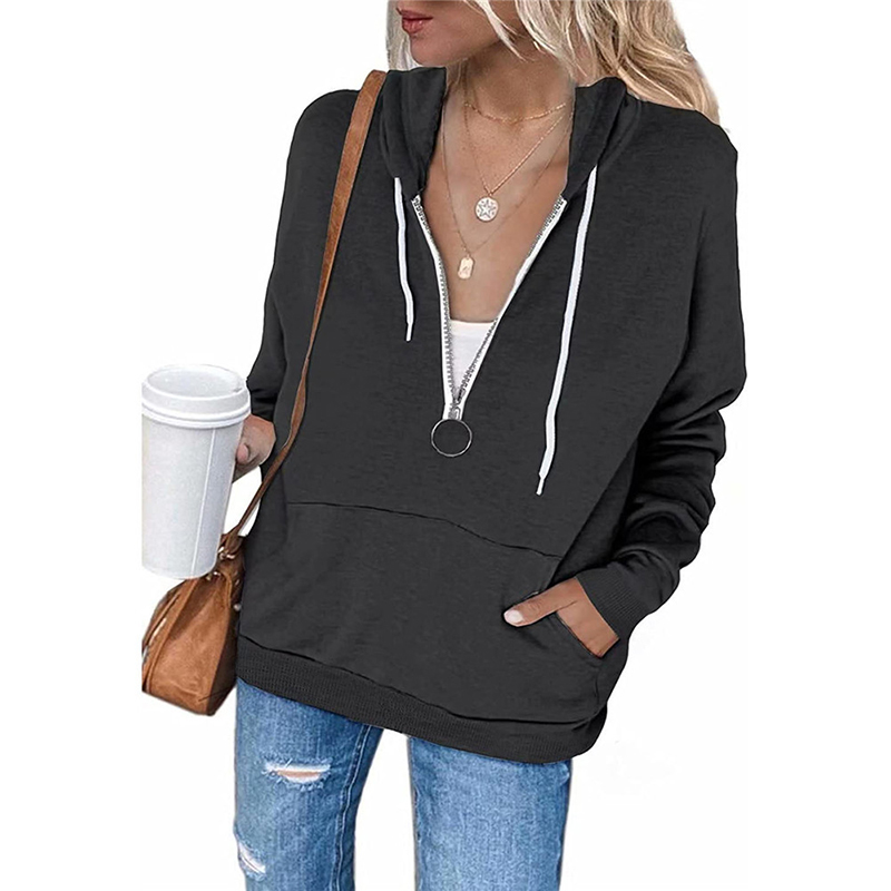 Damska pół bluza z kapturem na zamek sweter na co dzień z długim rękawem bluza moda wygodne odzież wierzchnia na jesień zima HB88: XXXL / Black