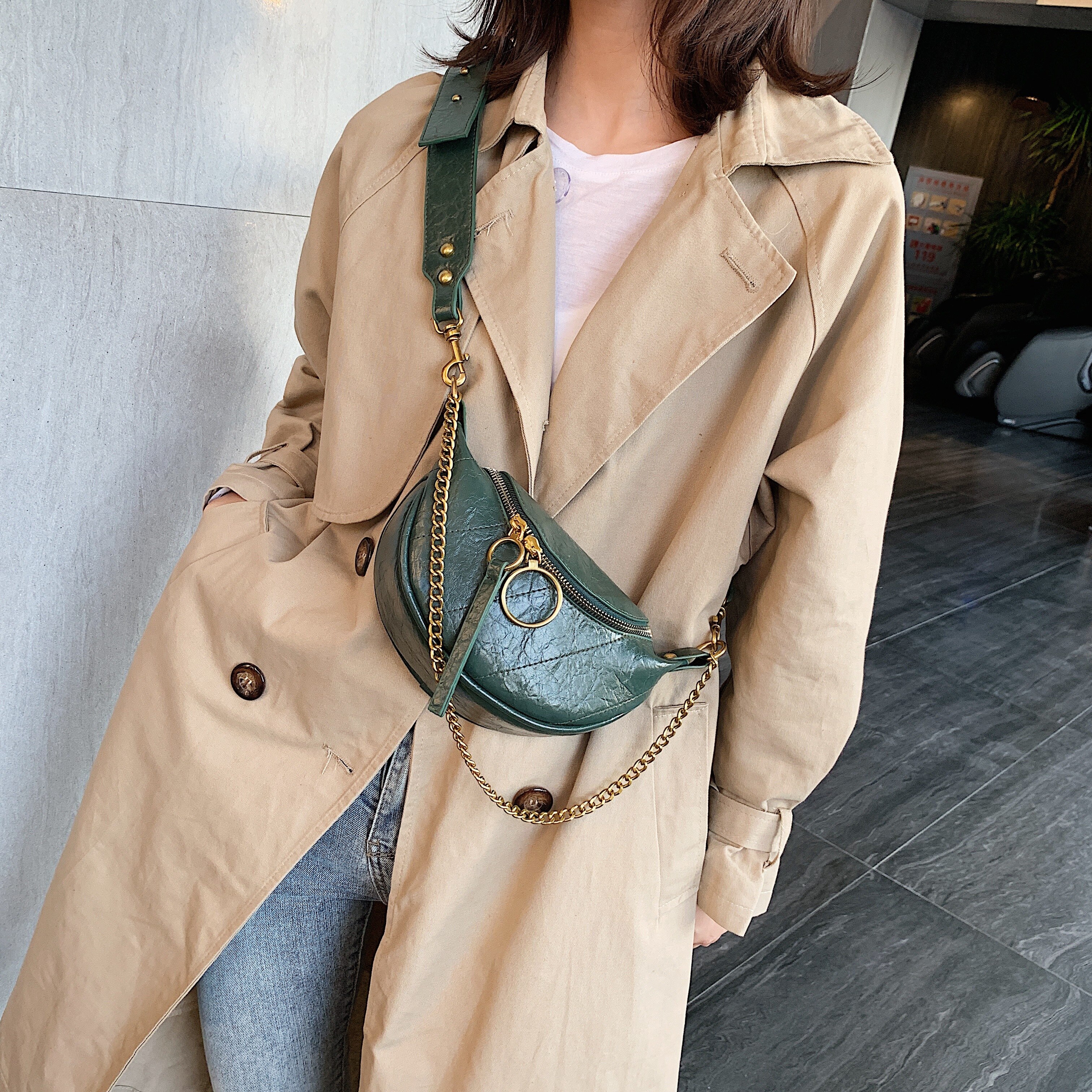 SWDF couleur unie en cuir Pu sacs à bandoulière pour femmes fermeture à glissière ronde sacs à bandoulière sac de messager dame chaîne voyage sacs à main