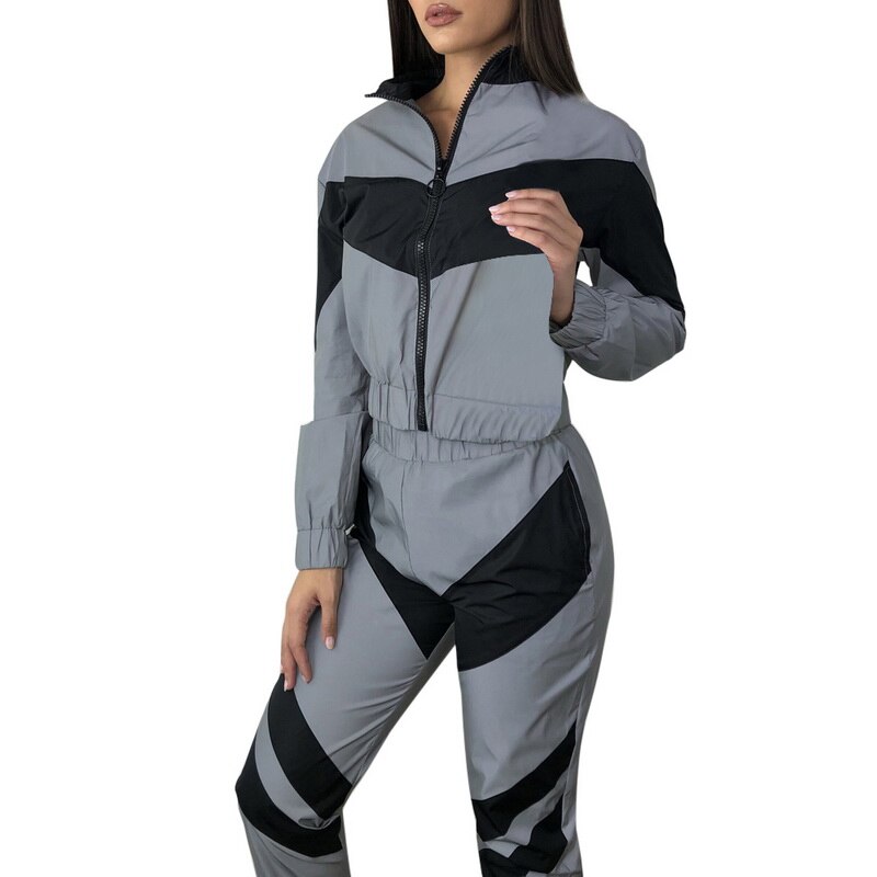 Women Reflective Tracksuit 2 Piece Outfits Sports Sets Spring Running Pants Splicing Long Sleeve Zipper Up Trench Top Suits: Black / M