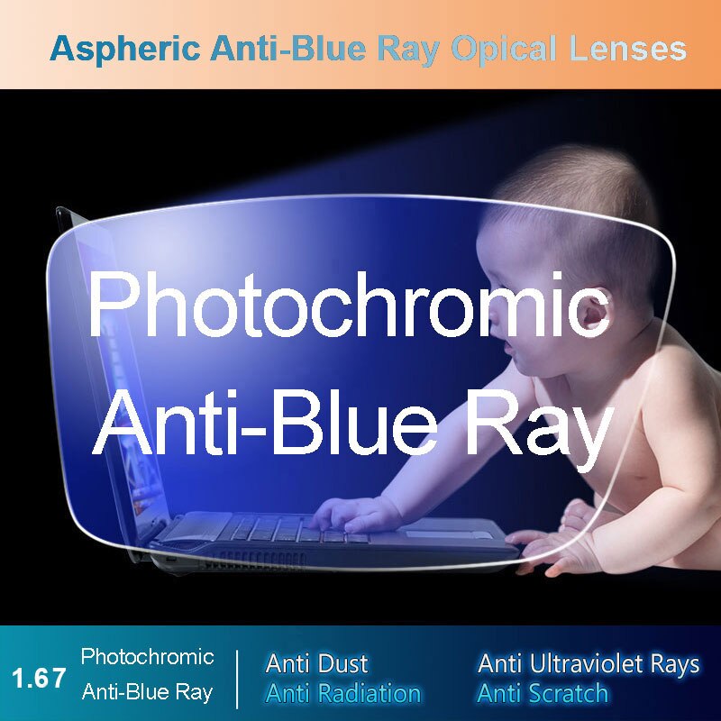 1.67 Anti-Blue Ray Photochromic Men and Women Optical Lenses Prescription Vision Correction Lenses for Digital Devices Photogray