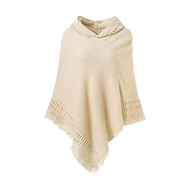 Femmes hiver tricot à capuche Poncho Cape Crochet frangé gland châle Wrap pull M89E: Beige