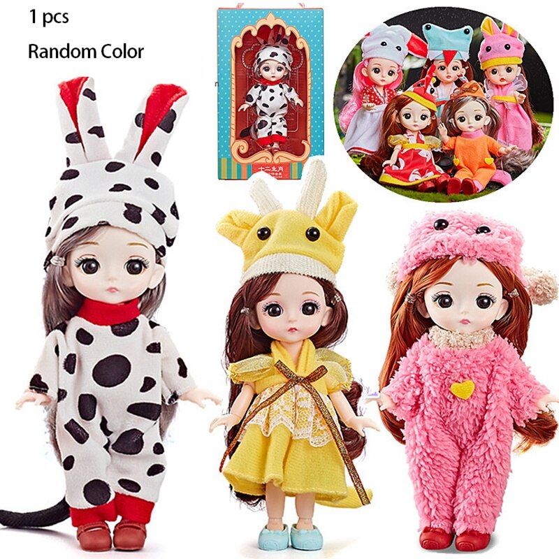 16cm Mini Zodiac Dress Up Doll 13 Moveable Jointed Animal Dolls Long Hair Make Up Body Dolls with Dress Toy for Girls