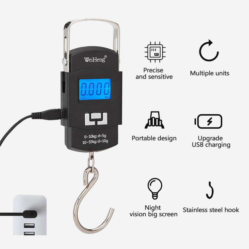 Báscula electrónica portátil recargable WeiHeng WH-A25, báscula de equipaje con pantalla LCD, conversión de múltiples unidades, almacenamiento retráctil