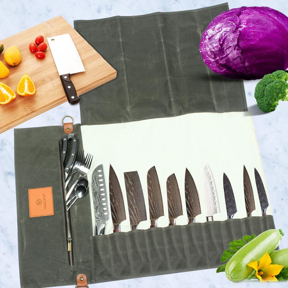 Wessleco kock knivväska canvas rulle väska väska väska kök matlagning bärbar hållbar förvaring med 11 fickor