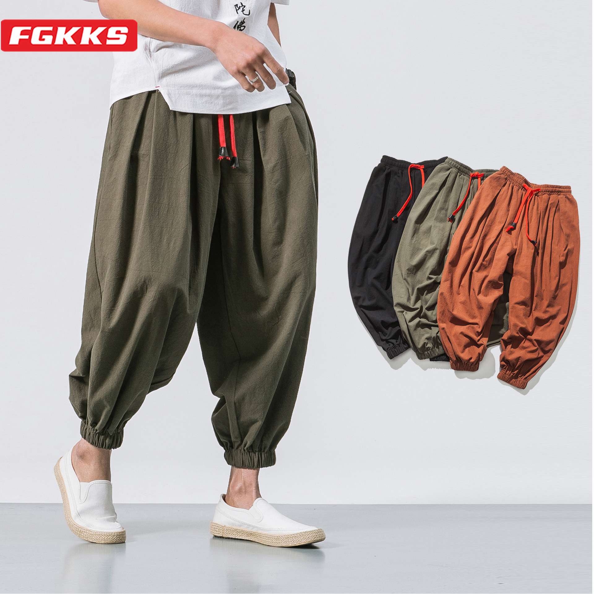 FGKKS, pantalones bombachos holgados de primavera para hombre, pantalones de chándal de lino chino con sobrepeso, pantalones informales de de gran tamaño de para hombre