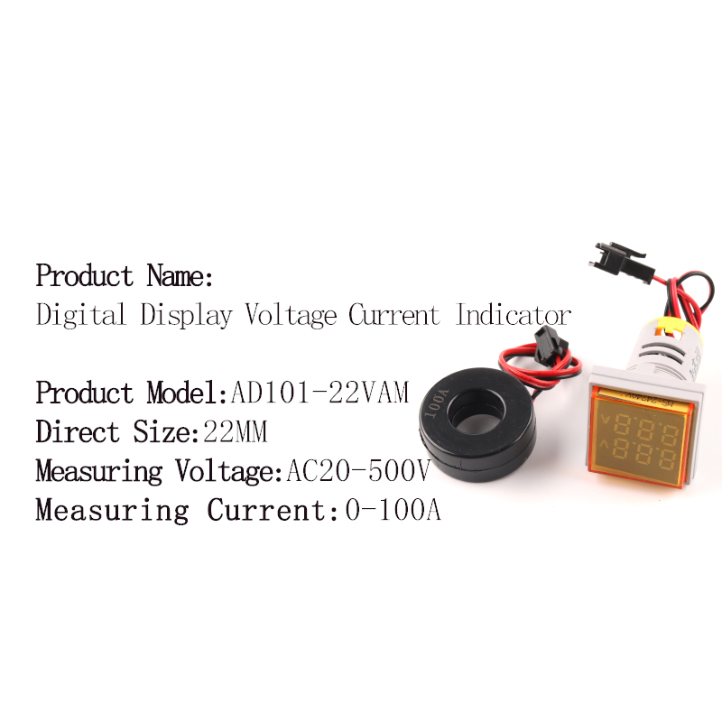 22mm okrągły kwadrat podwójna lampa doprowadziło wskaźnik pilot LightDigital woltomierz amperomierz 0-100A wzmacniacz napięcie wolt miernik testowy AC 20-500V: VAM kwadrat żółty