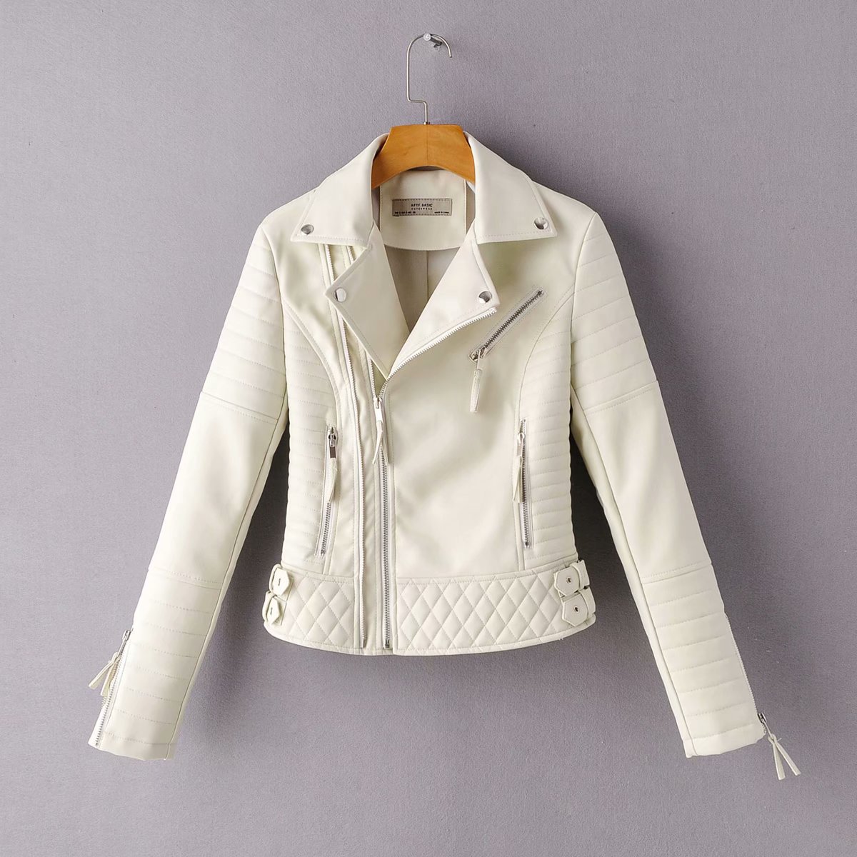 Women's Leather Jacket Motorcycle Autumn Long Sleeve Zipper Soft Faux Leather Jackets White Ladies Female Coats Outerwear: Beige / XL