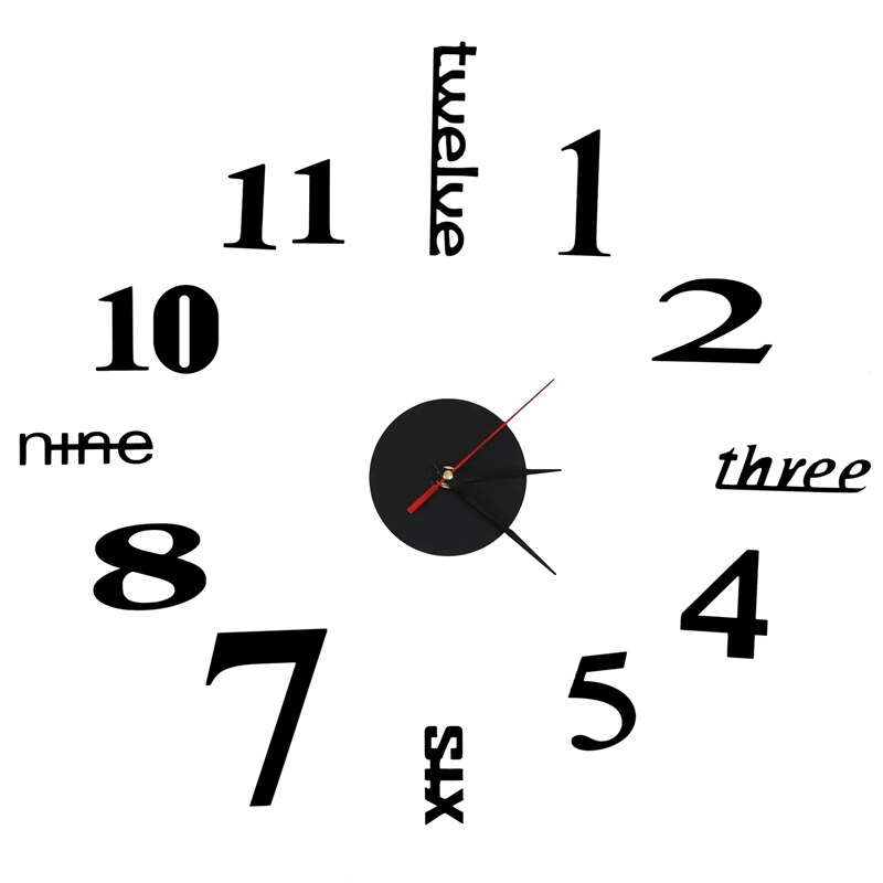 Reloj de pared grande 3D pegatina de espejo Etiqueta de reloj grande decoración del hogar único DIY: Black