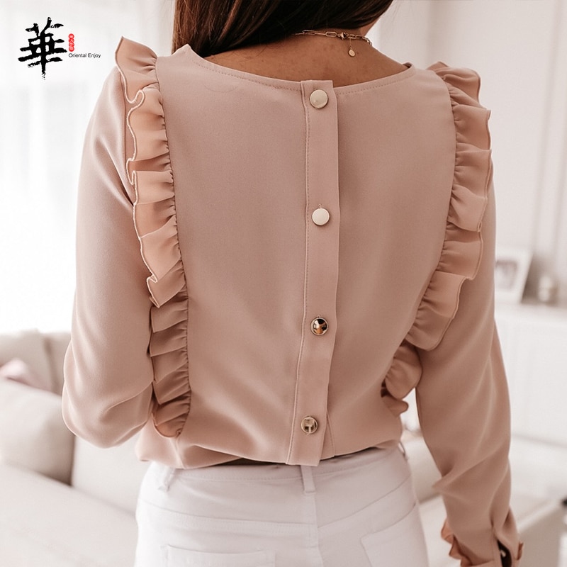 Volanger bluse kvinner o-hals langermet bluse høst høst blusas knapp tilbake kontor dame kvinner bluser topper skjorter