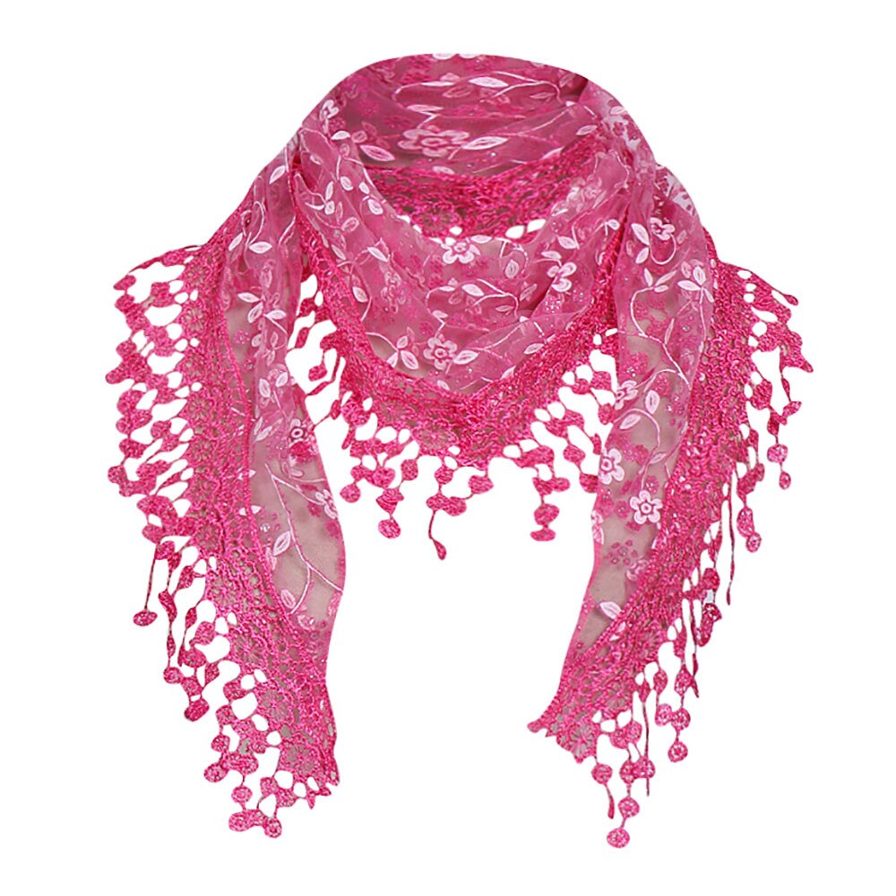 Women Lace Solid Color Scarf Lady Sheer Floral Scarf Shawl Wrap Tassel Scarf Panuelos De Mujer Para El Cuello Femme #T1P: Hot Pink