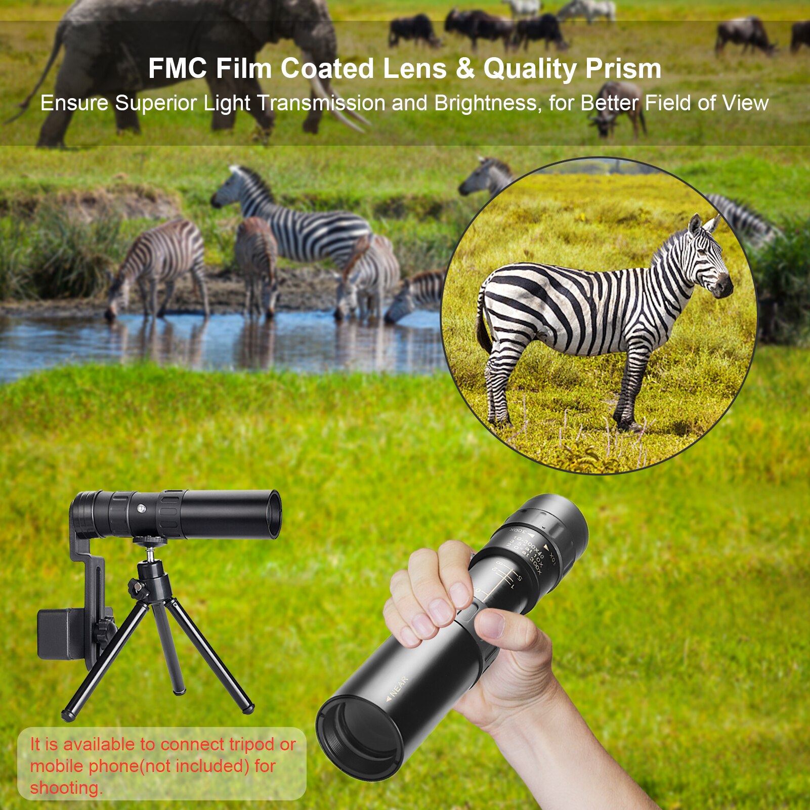 10X-300X Monoculaire Telescoop Compact Waterdichte Telescoop Met Fmc Lens BAK4 Prisma Voor Smartphone Bal Games Kijken Wandelen