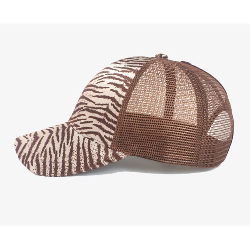 Women Ladies Summer Mesh Back Messy High Bun Ponytail Holder Cap Vintage Leopard Zebra-Stripes Adjustable Snapback Trucker Hat