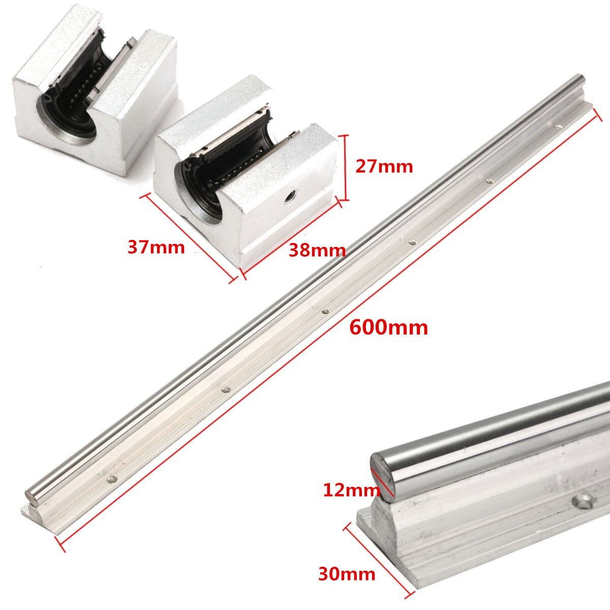 SBR12-600mm Fully Supported 12MM Linear Bearing Rails Shaft Rod+2x SBR12UU Block Linear Guides