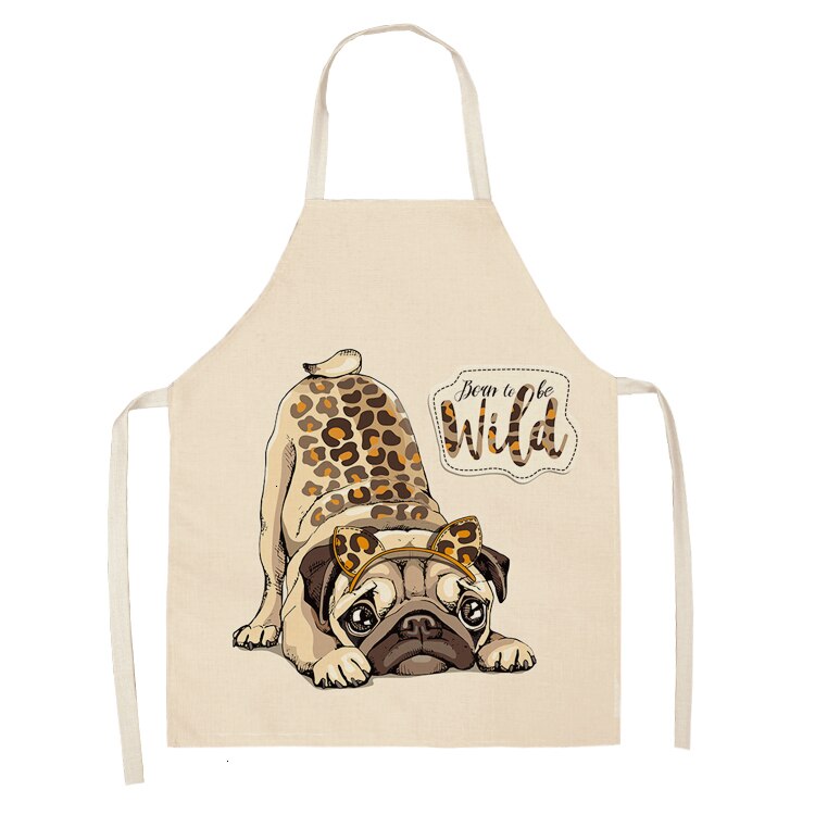 Nette Hund Mops Gedruckt Baumwolle Leinen Ärmel Schürze Küche Schürzen Frauen Hause Kochen Backen Taille Lätzchen Schürze 53*65cm WQL0152: WQL0152-20
