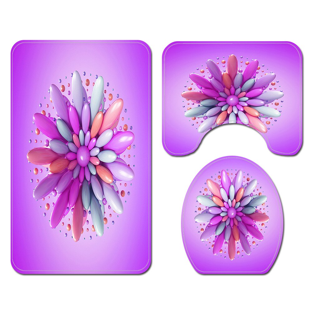 Floral Bathroom Carpet Shower Room Toilet Floor Mat Toilet Seat Cover Mat Bathroom Non-Slip Carpet Mat Set with Shower Curtain: Bath Mats-725