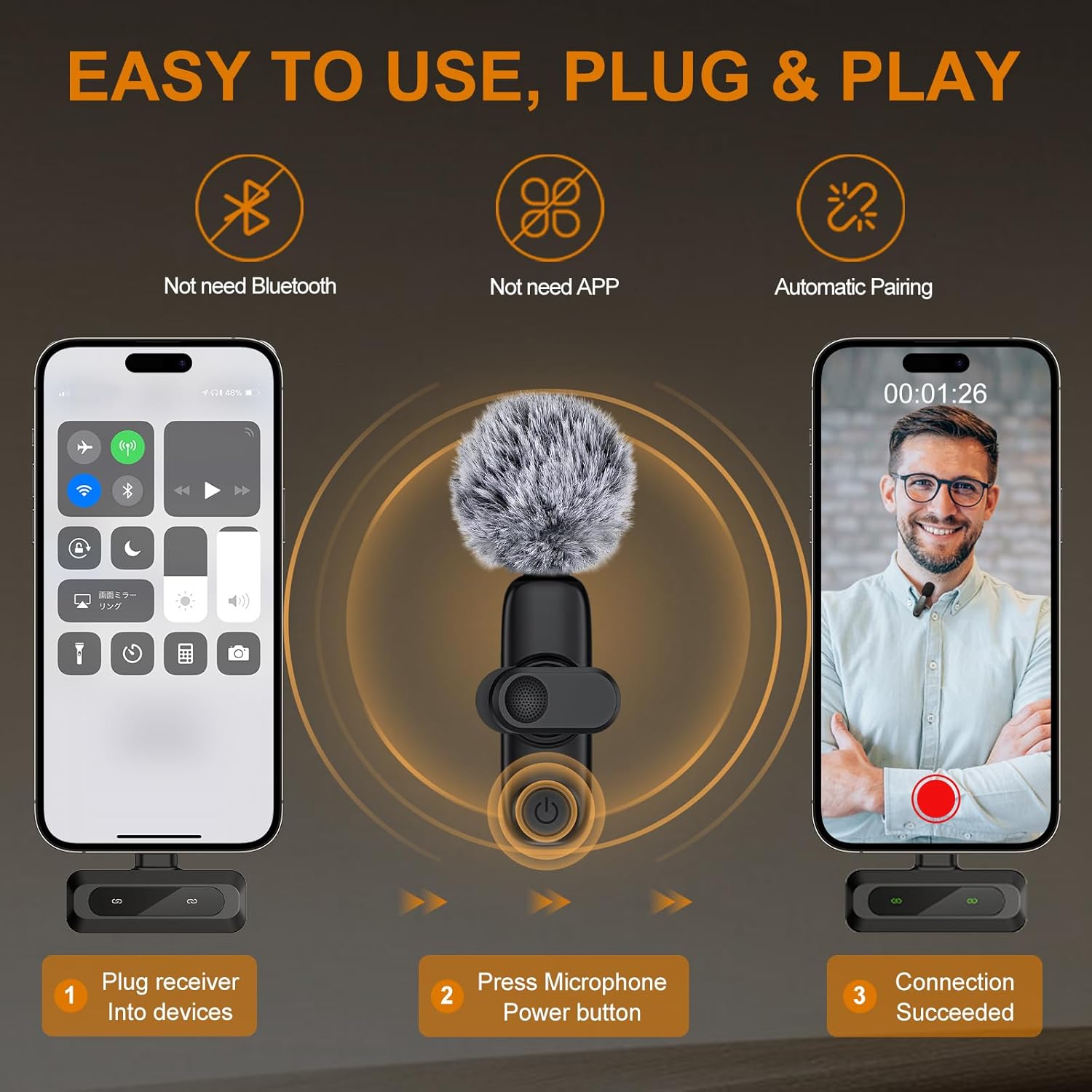 Microfono lavalier wireless per iphone, ipad, android, laptop, trasmissione in diretta, gioco, intervista, registrazione vlog, mini microfono