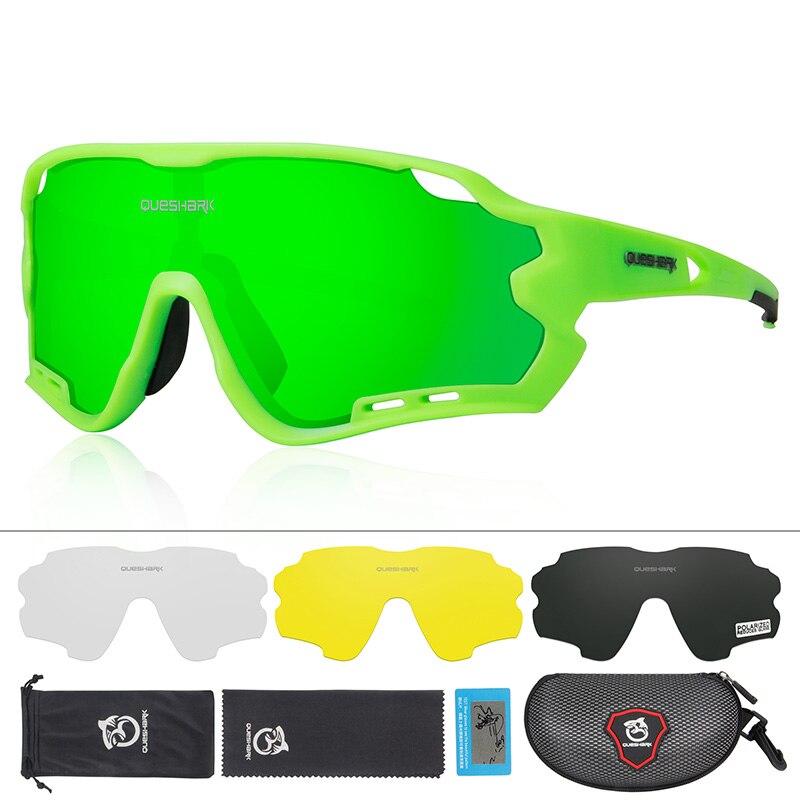 Queshark  qe44 cykling briller cykel briller til mænd kvinder polariseret cykling beskyttelsesbriller  uv400 4 linse til mtb landevejscykel: Fluo grøn
