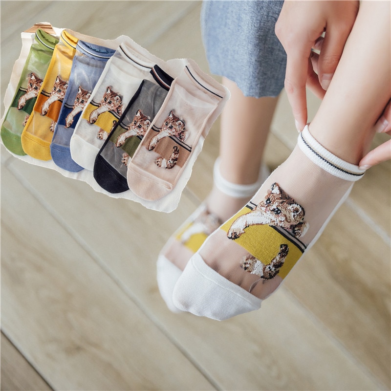 Damessokken lente cartoon katten koreaanse stijl trendy dunne zomer casual enkelsokken bedrukte vrouwelijke grappige sokken