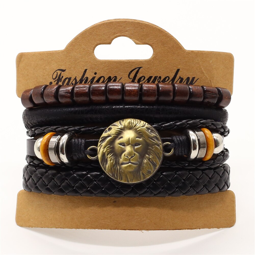 4 Stks/set Lion Cross Gitaar Charme Houten Kralen Mannen Lederen Armbanden Vrouwen Femme Homme Mannelijke Pulseras Sieraden