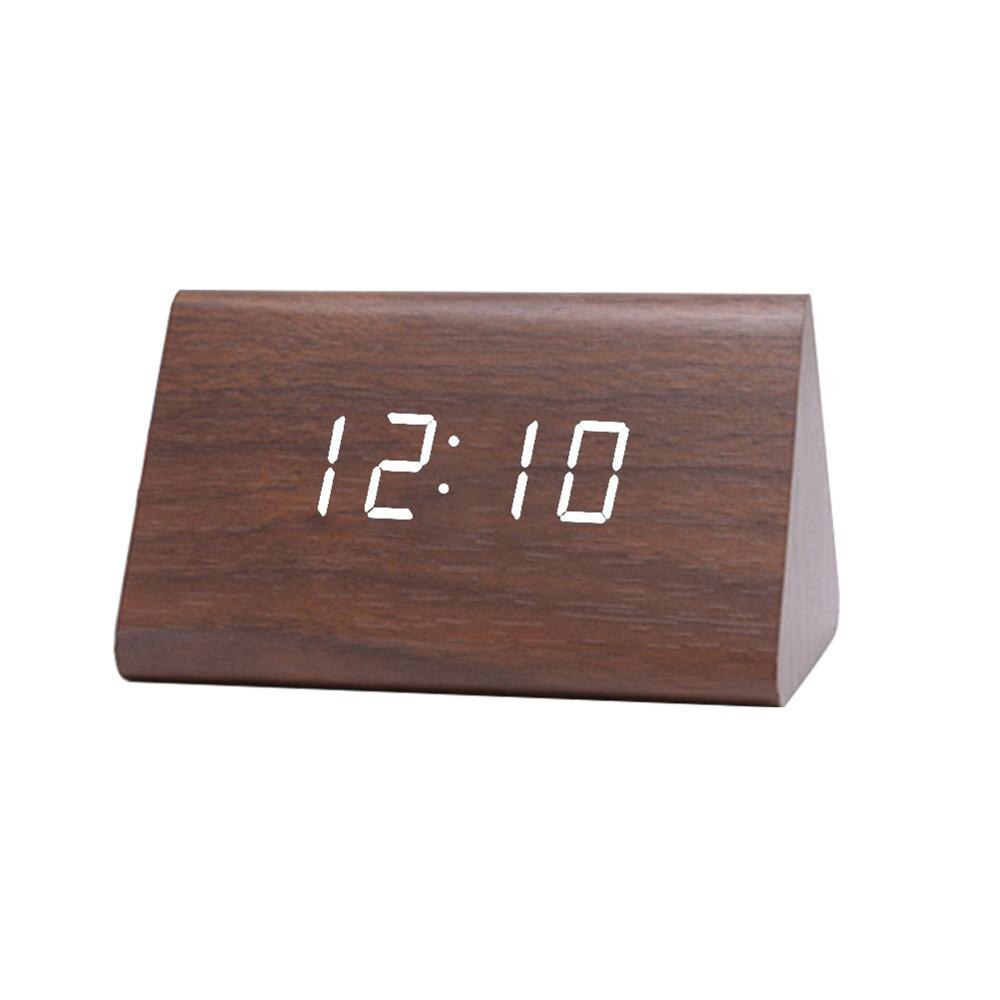 Digital Wooden USB LED Night Light Alarm Clock Thermometer Display Timepiece: Palmoxylon White