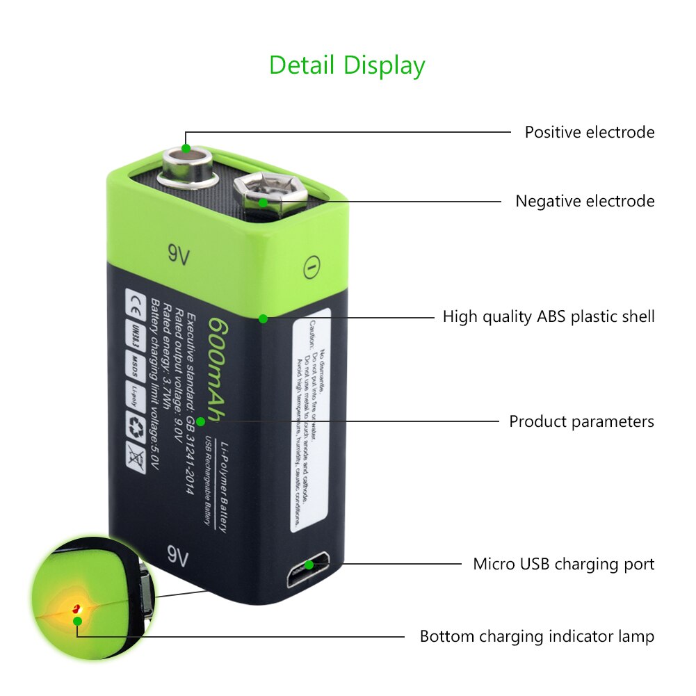 2x Oplaadbare 600Mah 9 V Lithium-polymeer Lipo Batterijen Usb Charger 9 Volt 48X25.6X16.9Cm li-Polymer Batterij Met Usb-kabel