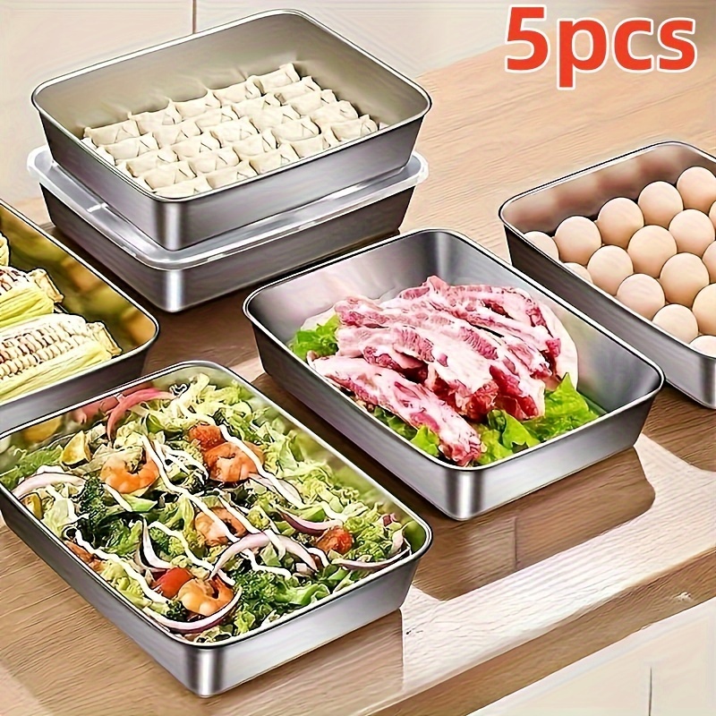 Ensemble de 5 conteneurs de stockage des aliments en acier inoxydable – Couvercles transparents, empilables. Parfait pour la Viande/Fruits/Veggies en Camping,