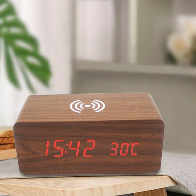 Wireless charging table clock digital alarm clock led decorative clock alarm clock table clock electronic clock with thermometer: Brown  red