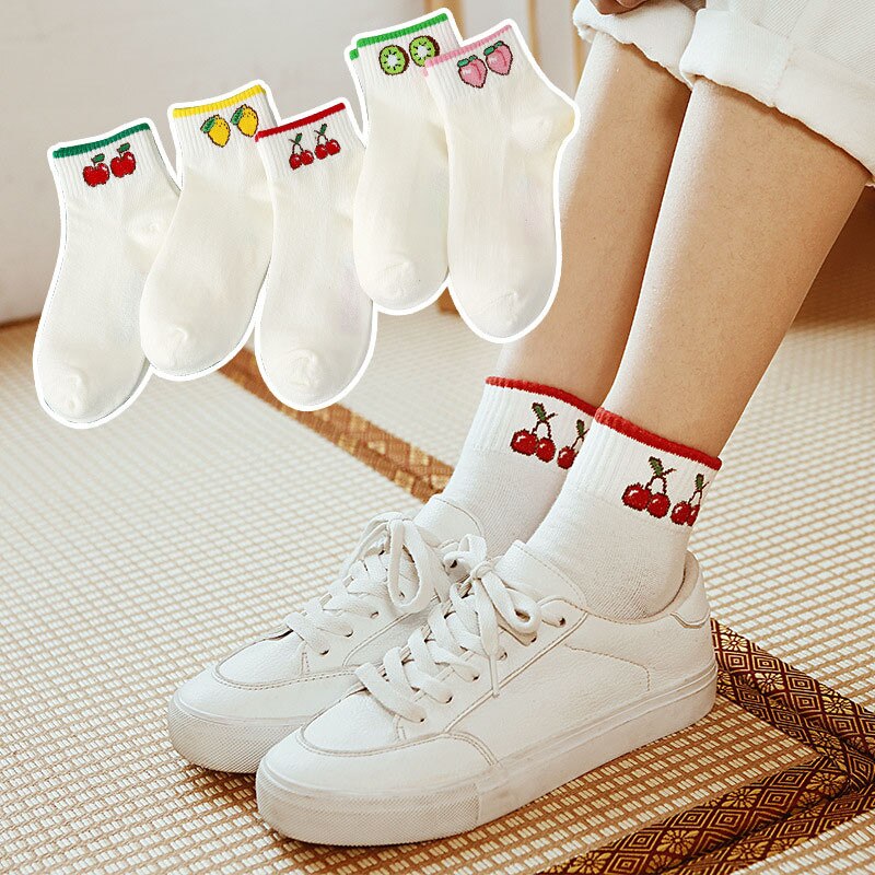 mignon drôle chaussettes femme pêche citron cerise Kiwi fruits chaussettes femmes heureux Calcetines Divertidos Skarpetki blanc Sokken