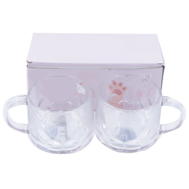 2PCS Cartoon Cute Cat Paw Coffee Mug Decorative Home Office Thick Glass Latte Mug Milk Cup with Handle