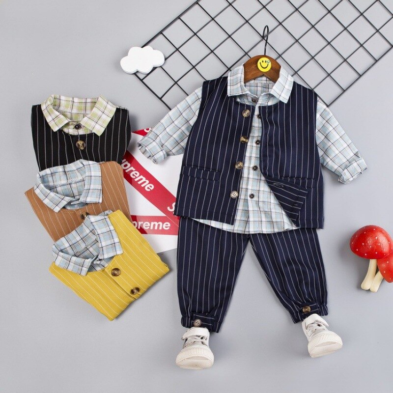 Kinderkleding Sets Herfst Winter Kinderen Jongens Kleding Lange Mouwen Plaid Shirt Vest Gestreepte Broek Gentleman Jongens Pakken